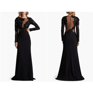 Tadashi Shoji Black Caselle Floral Embroidery Long Sleeve Gown Size 12 CHG24916L